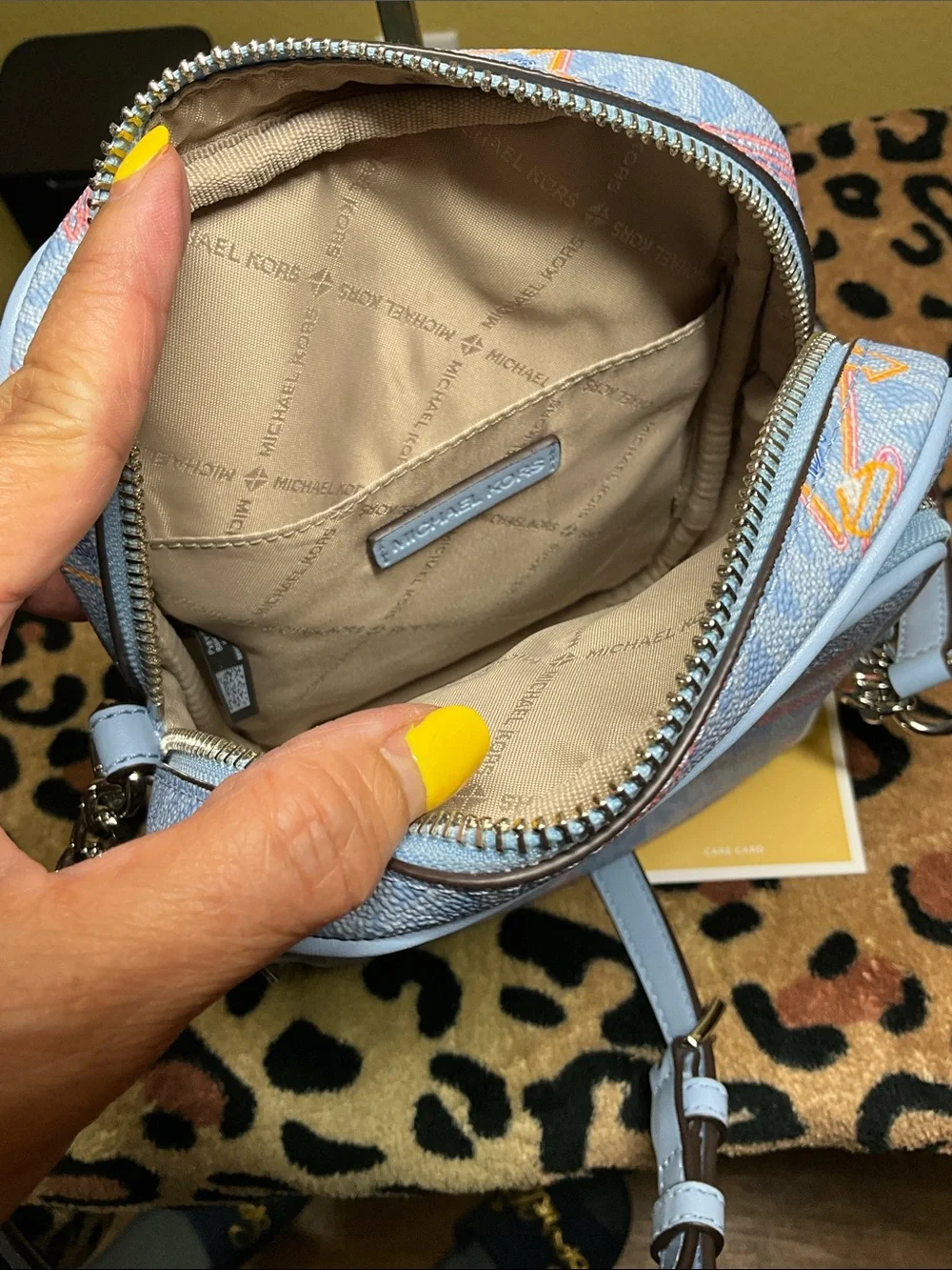 NWOT Michael Kors Baby Blue Crossbody with Multicolor Logo Accents